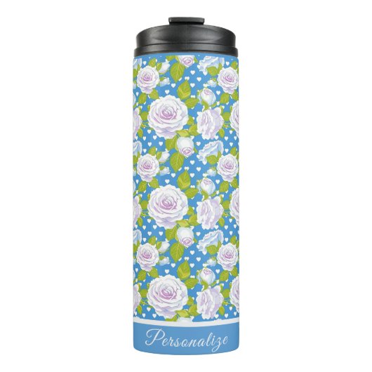 Blaue Blumen Weiße Rose Trendiger Stil Thermosbecher (Vorderseite)