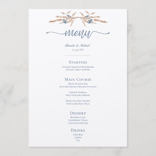 Blaue Blumen & Weizen Moderne Creme Hochzeit Menükarte (Vorderseite)
