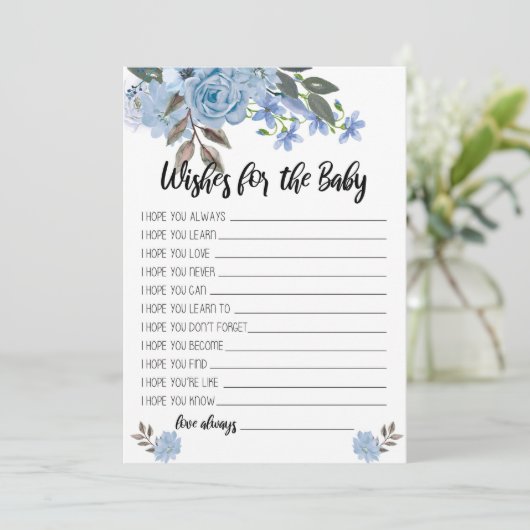 Blaue Blumen-Wünsche für die Baby-Duschen-Karten Einladung (Stehend Vorderseite)