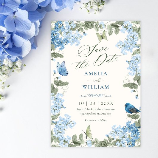 Blaue Blumen Zweig Schmetterlinge Vogel  Save The Date