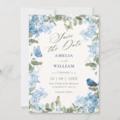 Blaue Blumen Zweig Schmetterlinge Vogel  Save The Date (Vorderseite)