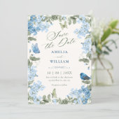 Blaue Blumen Zweig Schmetterlinge Vogel  Save The Date (Stehend Vorderseite)