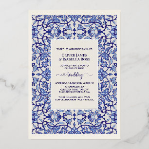 Blaue Blumenarabeske Hochzeitseinladung - Folie Folieneinladung