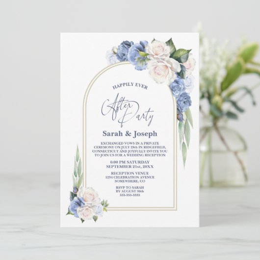 Blaue Blumenarche Hochzeit nach dem Party Einladung (Stehend Vorderseite)