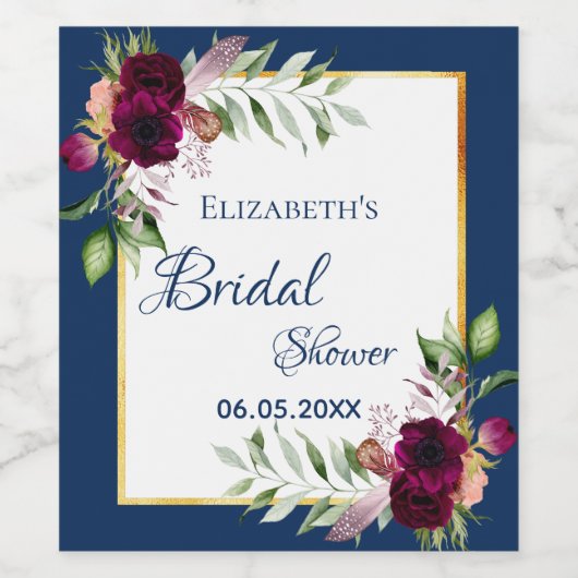 Blaue Blumenblätter Brautparty Bordeaux Name Weinetikett (Einzelnes Label)