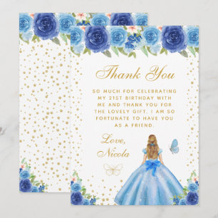 Blaue Blumenblonde Haar Prinzessin Geburtstagsfeie Dankeskarte
