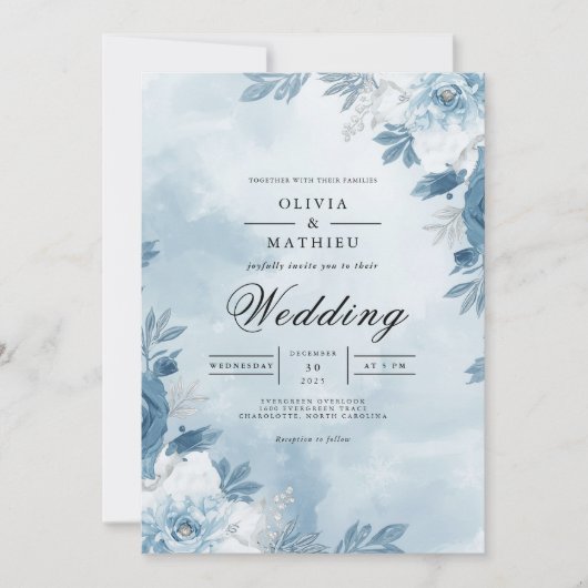 Blaue Blumenbogen-Hochzeit Einladung (Vorderseite)