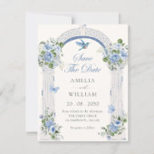 Blaue Blumenbogen-Hochzeit Save The Date (Vorderseite)