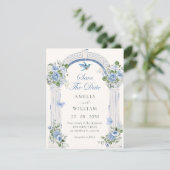 Blaue Blumenbogen-Hochzeit Save The Date (Stehend Vorderseite)
