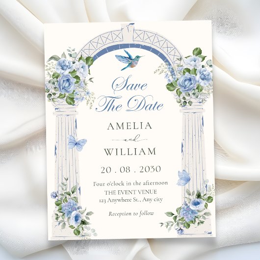 Blaue Blumenbogen-Hochzeit Save The Date