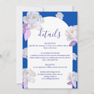 Blaue Blumenbogen-Hochzeitsdetails Karte