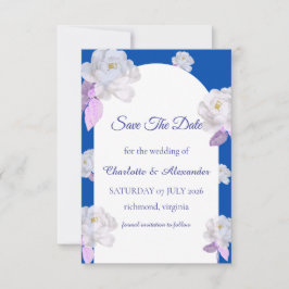 Blaue Blumenbogen-Hochzeitseinladungskarte zum Vor Save The Date