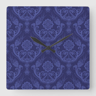 Blaue Blumendamastluxustapete Quadratische Wanduhr