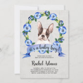 Blaue Blumenfranzose-Stier-HundeBabyparty Einladung (Vorderseite)