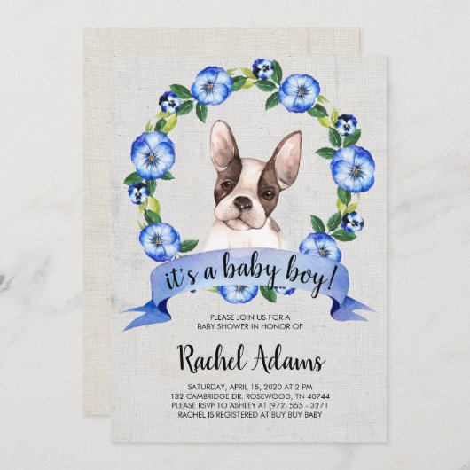 Blaue Blumenfranzose-Stier-HundeBabyparty Einladung (Vorne/Hinten)