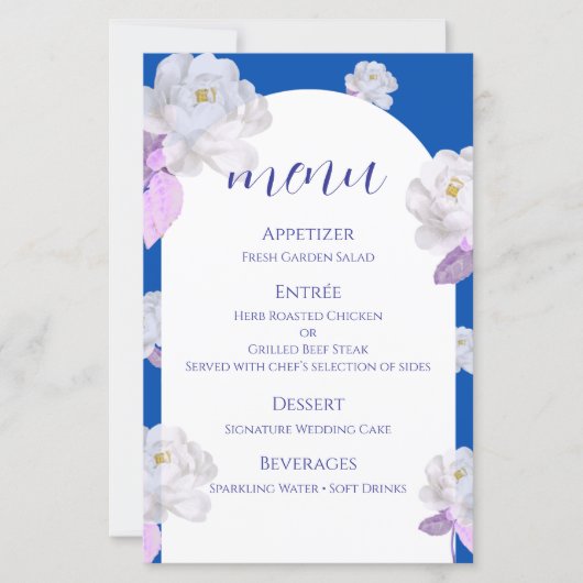 Blaue Blumengewölbe-Hochzeitsmenükarte (Vorderseite)