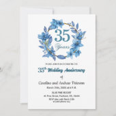 Blaue Blumengoldrahmen 35. Hochzeitstag Einladung (Vorderseite)