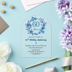 Blaue Blumengoldrahmen 60. Hochzeitstag Acryleinladungen