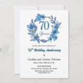 Blaue Blumengoldrahmen 70. Hochzeitstag Einladung (Vorderseite)