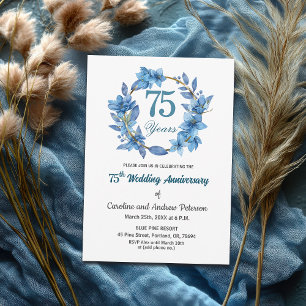 Blaue Blumengoldrahmen 75. Hochzeitstag Einladung