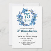 Blaue Blumengoldrahmen 75. Hochzeitstag Einladung (Vorderseite)