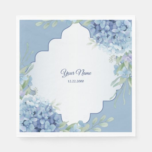 Blaue Blumengrüne Blätter Rahmen Hochzeitsfeier Serviette (Vorderseite)