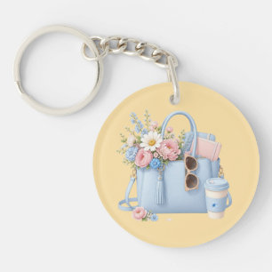 Blaue Blumenhandtasche mit Sonnenbrille und Kaffee Schlüsselanhänger