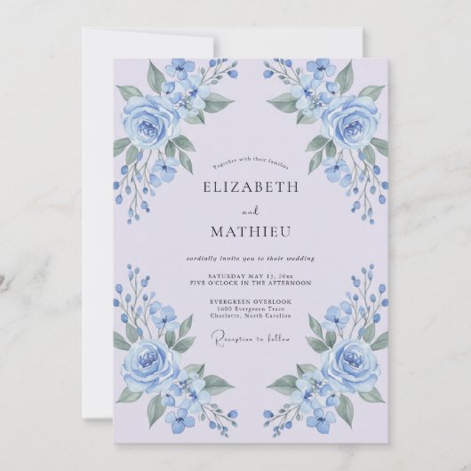 Blaue Blumenhochzeit Einladung (Vorderseite)
