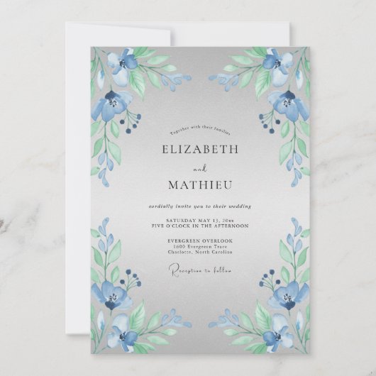 Blaue Blumenhochzeit Einladung (Vorderseite)