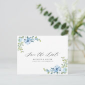 Blaue Blumenhochzeit speichern das Datum Postkarte (Stehend Vorderseite)
