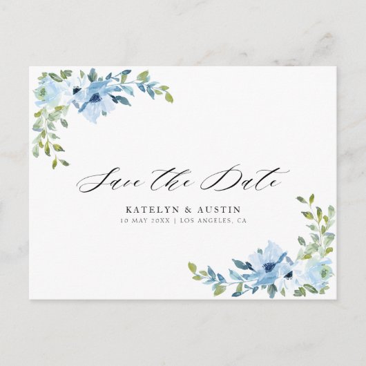 Blaue Blumenhochzeit speichern das Datum Postkarte (Vorderseite)