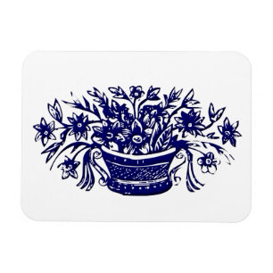 Blaue Blumenkorb-Holzschnittkunst Magnet