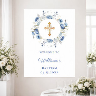 Blaue Blumenkranz Junge Taufe Willkommen Poster