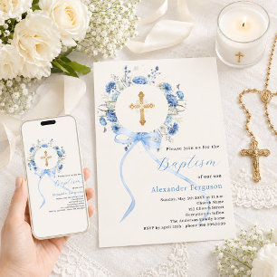 Blaue Blumenkranz-Schleife Junge Creme Taufe Einladung