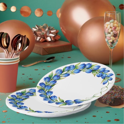 Blaue Blumenkranzplatte Pappteller (Multi)