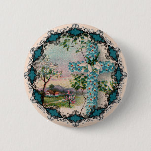 Blaue Blumenkreuz-Osterknopf Button