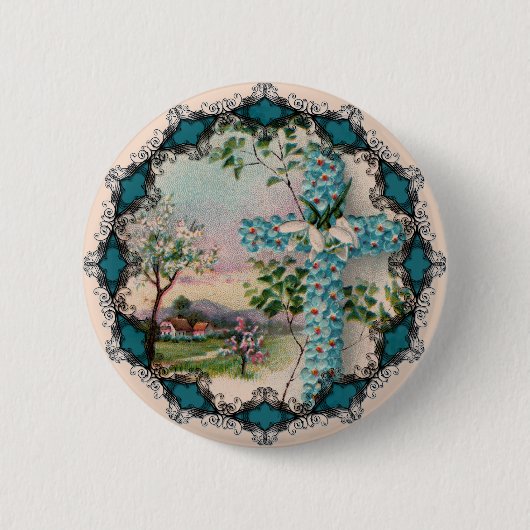Blaue Blumenkreuz-Osterknopf Button (Vorderseite)