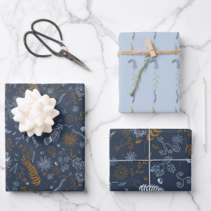Blaue Blumenkritzeleien Geschenkpapier Set