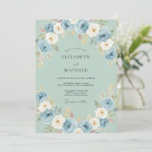 Blaue Blumenkunst-Hochzeit Einladung (Stehend Vorderseite)