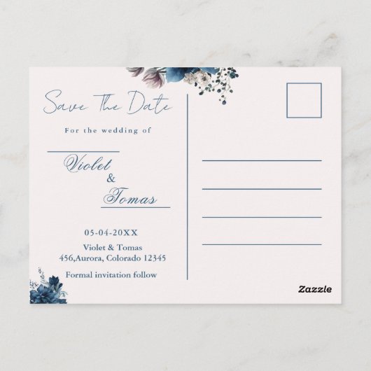 Blaue Blumenmeere Save the Date Postkarte (Rückseite)