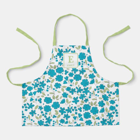 Blaue Blumenmonogramm-Schürze Schürze (Vorderseite)