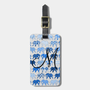 Blaue Blumenmuster-Elefanten-Monogramm Gepäckanhänger