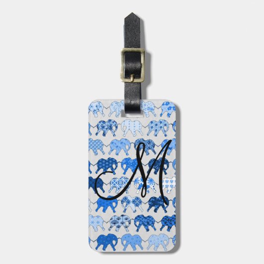 Blaue Blumenmuster-Elefanten-Monogramm Gepäckanhänger (Vorderseite vertikal)