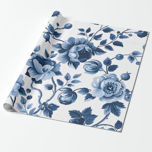 Blaue Blumenmuster im französischen Cotgore Geschenkpapier (Ungerollt)