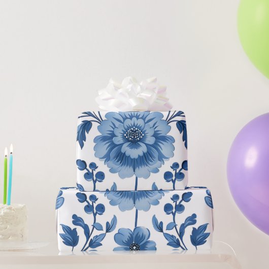 Blaue Blumenmuster im französischen Cotgore Geschenkpapier (Partygeschenke)