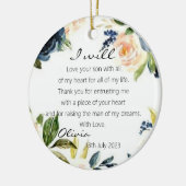 Blaue Blumenmutter der Groom-Braut-Hochzeit Keramik Ornament (Links)