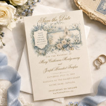 Blaue Blumenskizzen-Hochzeit mit Vintage-Schriftzu