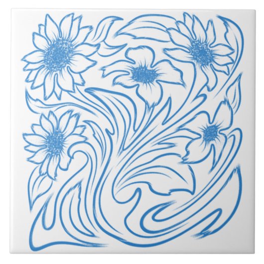 Blaue Blumenspirale Botanik Fliese (Vorderseite)