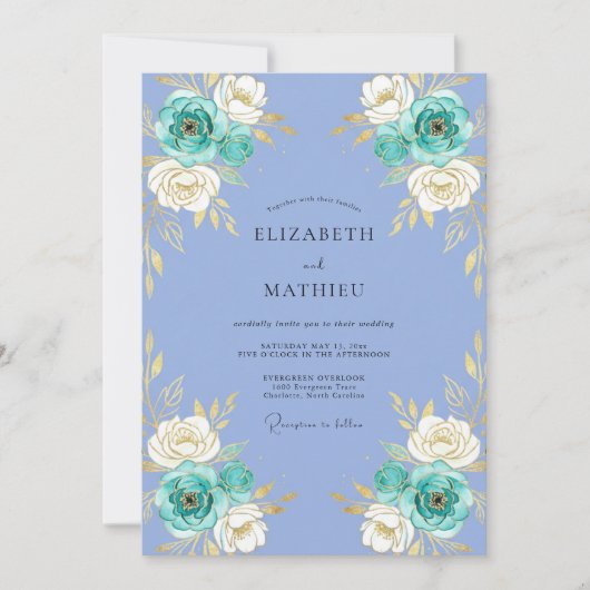 Blaue Blumenstrauß-Hochzeit Einladung (Vorderseite)