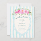 Blaue Blumenstreifen Hochzeit Save The Date (Vorderseite)